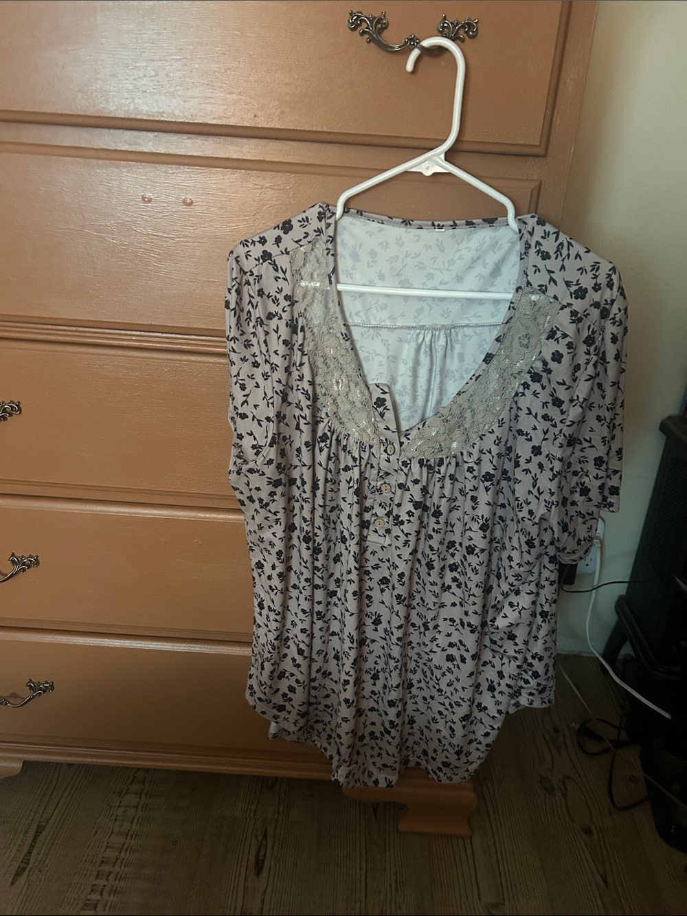 Amazon Cream Floral Tunic with Black Print and Lace Trim
